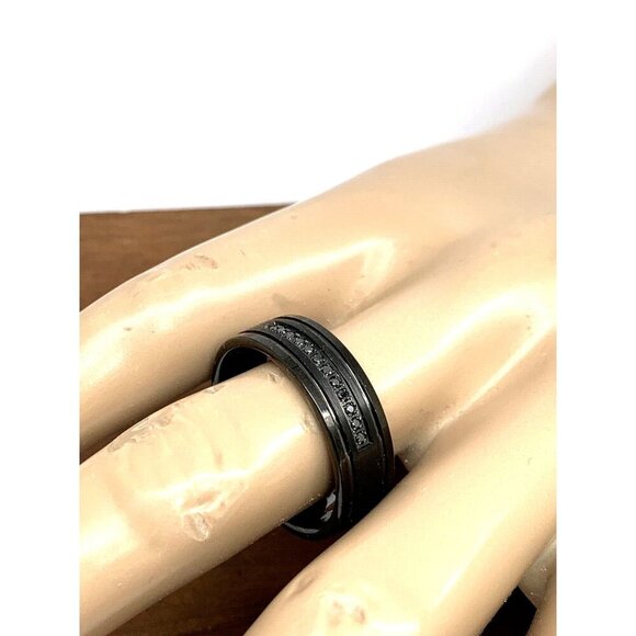 Men's Wedding Band Tungsten Black Gemstones 8mm Wide Ring Size 8.5 - Picture 14 of 15